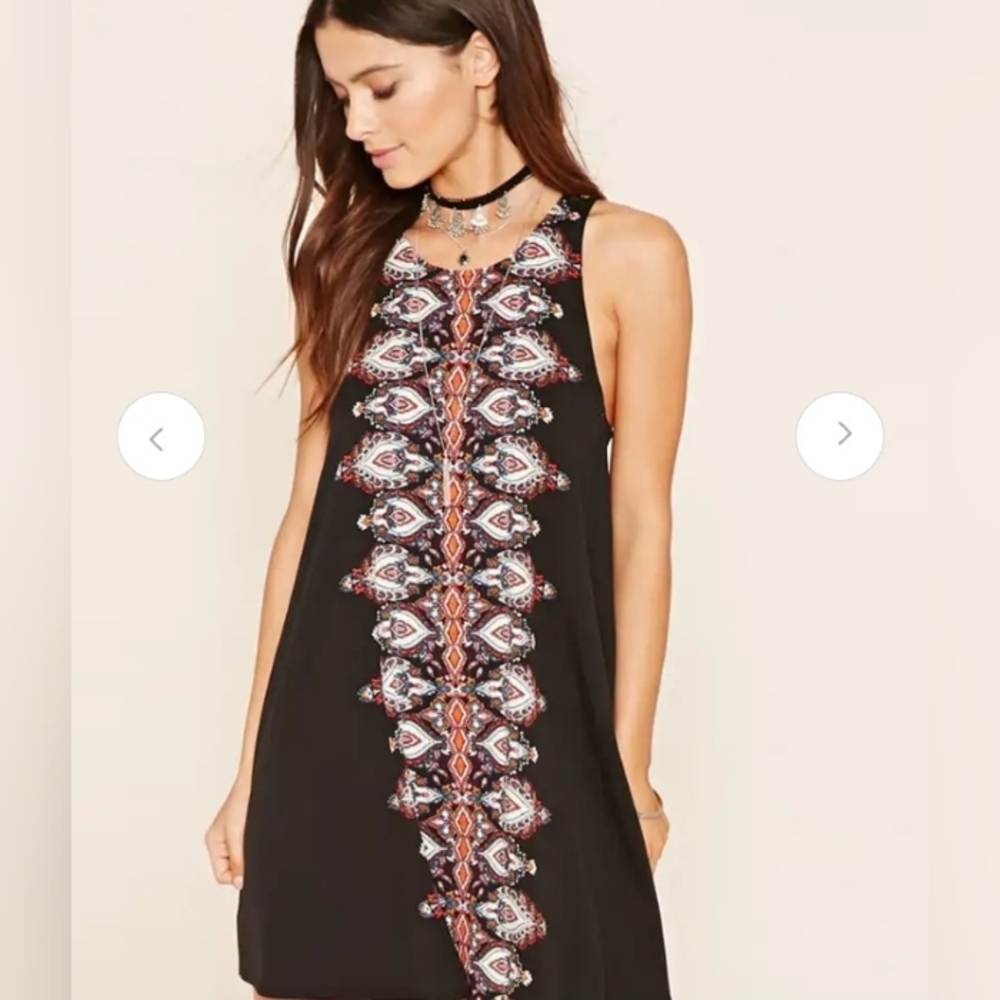 Forever 21 Black A-Line Mini Dress Multicolor Embroidered-Inspired Print